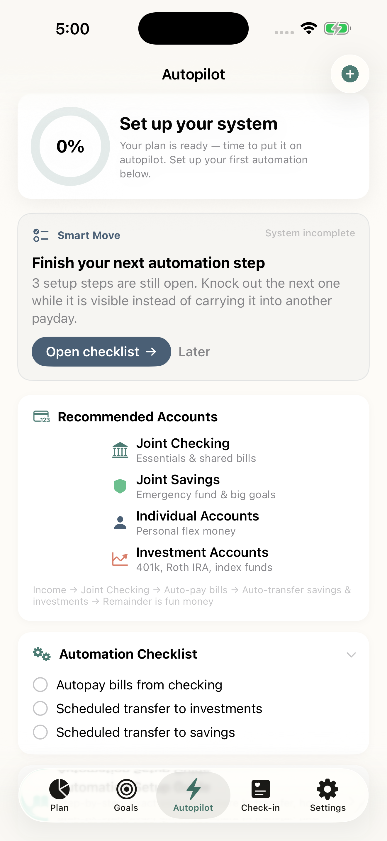 OurPlan Autopilot tab with automation checklist
